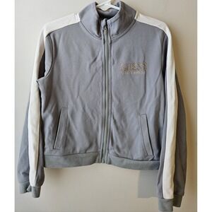 Guess Kids Girls Track Jacket Size 6 Gray/White Stripes Full Zip Rhinestone Logo